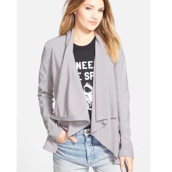 BlankNYC Private Practice Vegan Leather & Cotton Drape Front Moto Jacket Gray, S - Picture 7 of 16